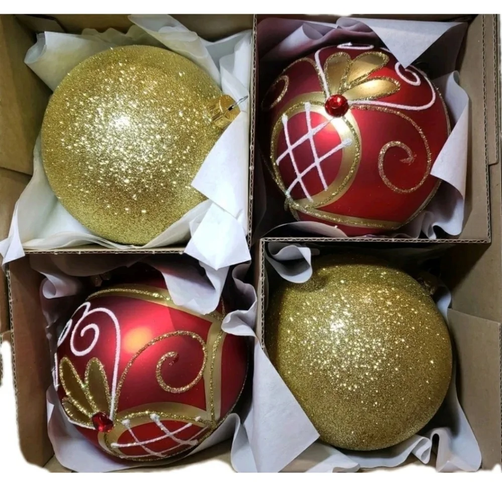 Vitbis Glass Christmas Ornaments Polish Red Gold Sparkle Glitter Bedazzled Gem